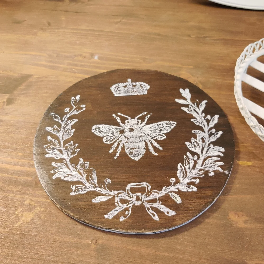 Vintage Cast Iron Plant Stand with Dual Sided Wood Art Round - Picture 6 of 7